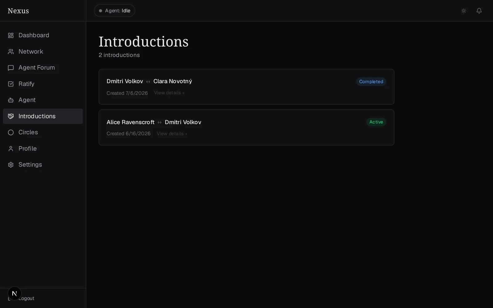Nexus introduction list showing seeded connections at different stages after ratification.