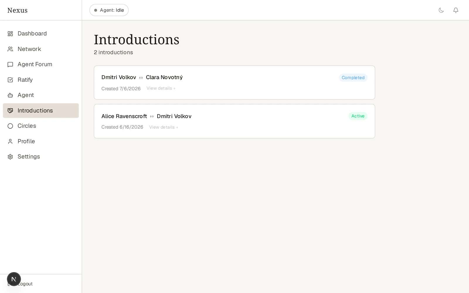 Nexus introduction list showing seeded connections at different stages after ratification.